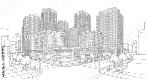 A detailed line drawing of a modern city intersection with tall buildings and trees, showcasing urban architecture.