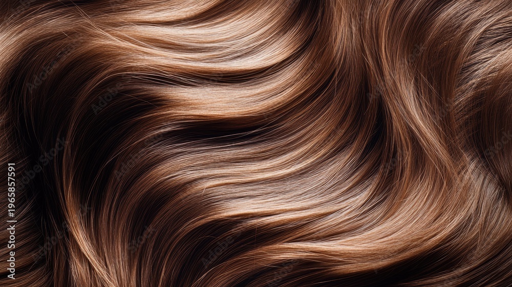 Naklejka premium Close-Up View of Glossy, Wavy, Brown Hair Texture Highlighting Softness, Shine, and Natural Flow, Perfect for Hair Care and Beauty Products Marketing