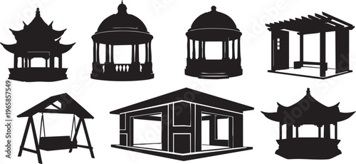 Black silhouettes of various outdoor structures gazebos pavilions pergolas
