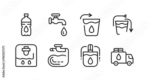 Water bottle with drop, dripping faucet, and pouring water into glass. essential clean water icons