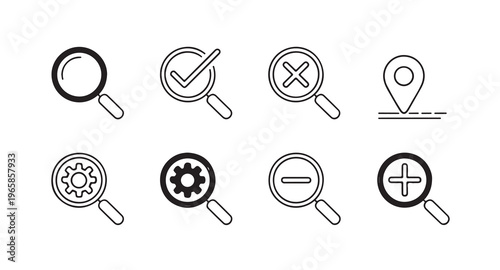 Collection of magnifying glass icons with different symbols and a location pin