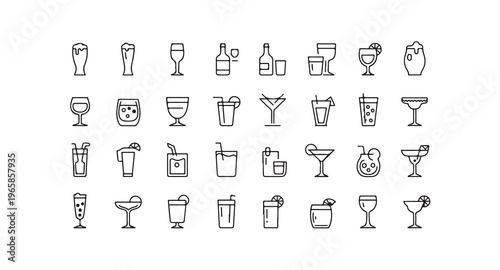 Set of alcoholic drink glass icons in linear style vector illustration various beverages