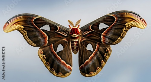 A magnificent Atlas moth with intricate patterns and eye-spots on its large wings is displayed prominently.