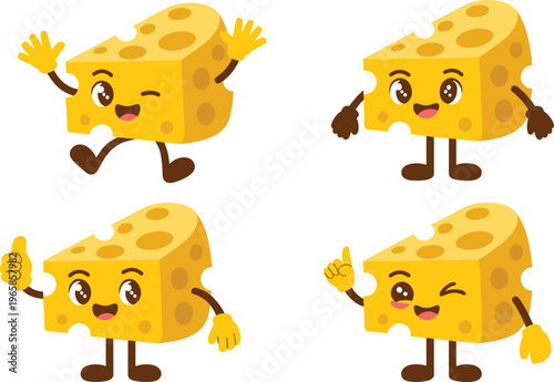 Cute cartoon cheese character mascot set with different poses and emotions including winking waving and giving thumbs up sign, yellow dairy food vector illustration on white background.
