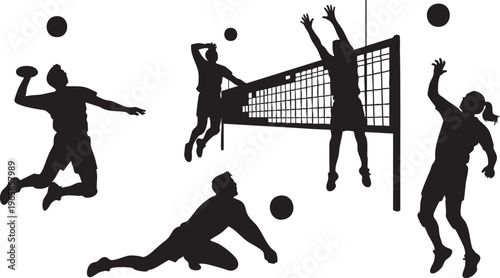Black silhouettes of volleyball players in various actions white background