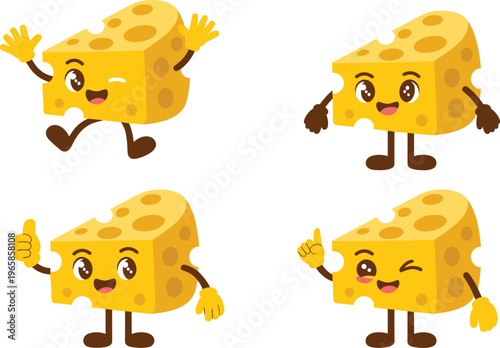 Cute cartoon cheese character mascot set with different poses and emotions including winking waving and giving thumbs up sign, yellow dairy food vector illustration on white background.