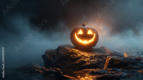 A glowing jack-o'-lantern with a smiling face sits on rocks, surrounded by mist and a dark, eerie atmosphere.