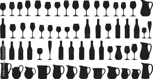 Black silhouettes of wine glasses bottles and jugs on white background wine bottles