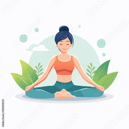Serene woman practicing yoga and meditation, finding inner peace and mindful well-being in a calming natural environment