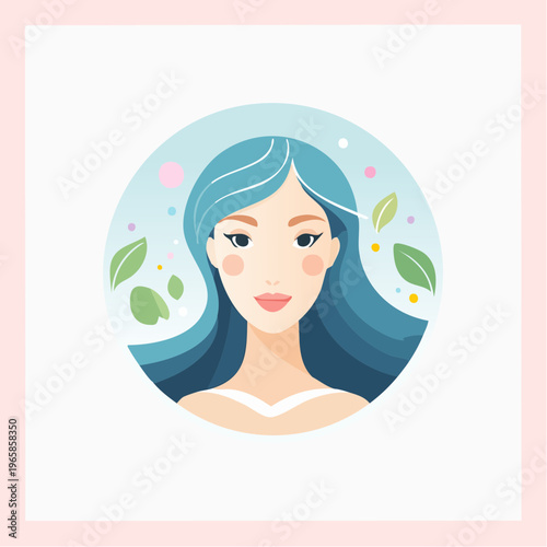 Beautiful Woman With Blue Hair Surrounded by Leaves and Bubbles