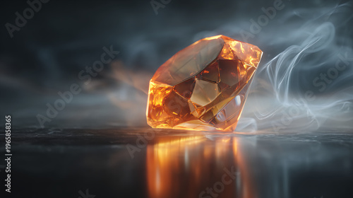 A glowing amber gemstone emitting smoke rests on a reflective surface in a dark, smoky atmosphere.