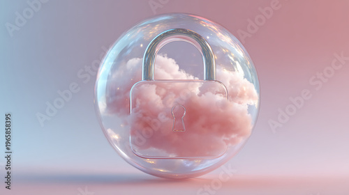 A transparent lock filled with pink clouds inside a glass bubble against a soft pastel background.