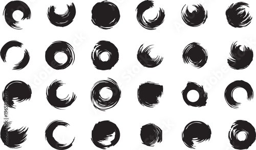 Abstract black grunge circle brush stroke frames collection set. hand-drawn artistic enso ink elements for logo, design, and graphic art. vector.
