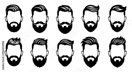 Outline collection of stylish men's hairstyles and beards: trendy silhouettes for modern looks