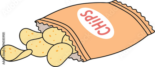 Open Bag of Potato Chips with Pieces Spilling Out, Orange Snack Package Flat Design Icon Vector Illustration
