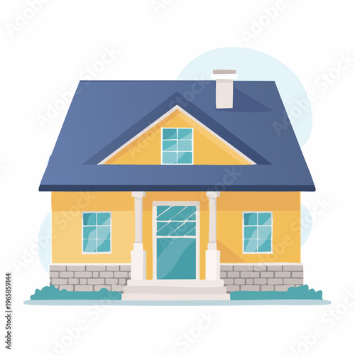 A charming yellow two-story house with a blue roof and white columns