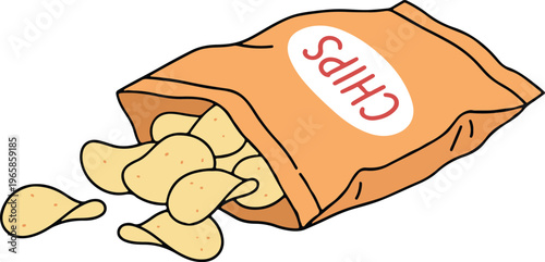 Open Bag of Potato Chips with Pieces Spilling Out, Orange Snack Package with "Chips" Label Flat Design Icon Vector Illustration
