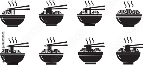 Eight minimalist silhouette noodle bowls with chopsticks minimalist silhouettes black and white