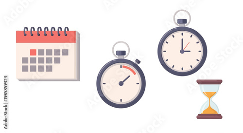 Calendar and timepieces concept with stopwatch and hourglass