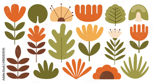 Colorful flat style floral collection with geometric plant elements