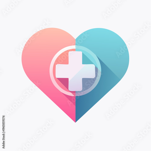 Modern flat design icon depicting a split-color heart embracing a healthcare cross, signifying medical well-being and compassionate support for healthy living