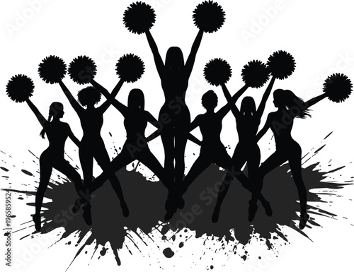 Cheerleader silhouettes group with pom poms, dynamic dance team performance grunge splash vector illustration design