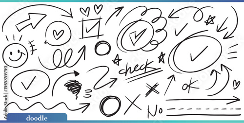 矢印 丸 採点 チェック 落書きセット 素材 ベクター イラスト 手描き