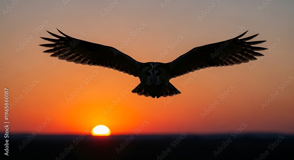 Fototapeta premium A majestic owl in perfect silhouette spreads its magnificent wings, soaring directly towards the captivating orange glow of a stunning sunset.