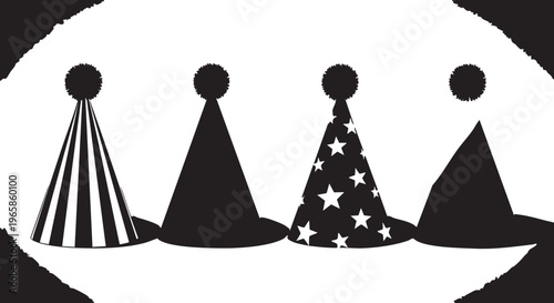 Four black party hats with pom poms on white background black hats silhouettes