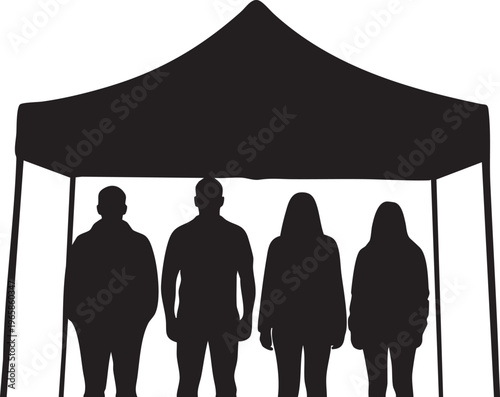 Four people standing under a gazebo or canopy in silhouette tent