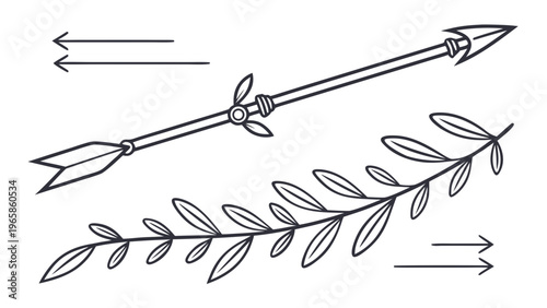 Ancient archery arrow with leaves vector illustration set, classic hunting weapon design and botanical ornament elements