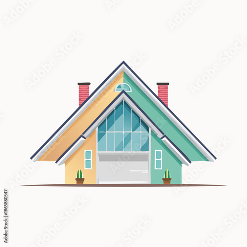 Modern Attic House Illustration with Large Windows and Chimneys