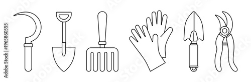 Gardening tools set, isolated on a white background. Black line art, compound outline drawing. Linear icon collection, vector illustration. Template for coloring page.