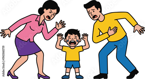 Parents Quarreling and Arguing While Child Cries in Middle, Family Conflict Scene Cartoon Style Vector Illustration
