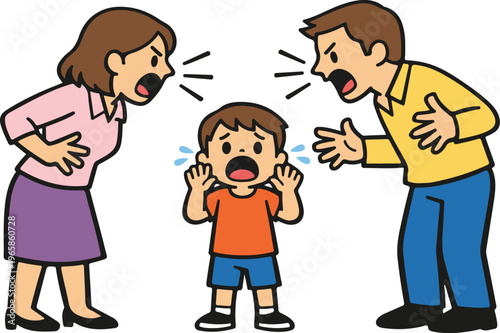 Parents Quarreling and Shouting While Child Cries in Middle, Family Conflict Scene Cartoon Style Vector Illustration
