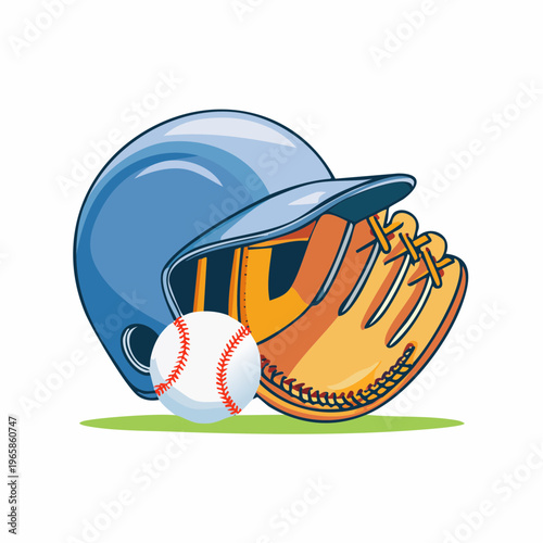 Baseball equipment helmet, glove, and ball illustration on green grass