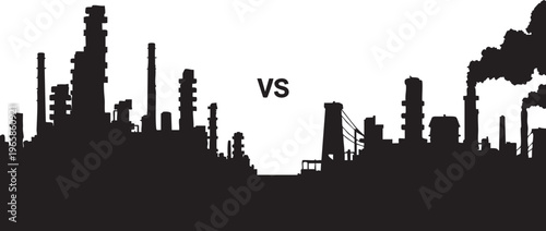 Industrial city skyline with smokestacks and pollution comparison