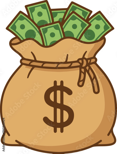 Large Brown Burlap Money Bag Overflowing with Green Dollar Bills and Prominent Dollar Sign Symbol, Simple Cartoon Finance and Wealth Icon Vector Illustration

