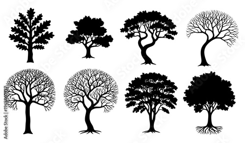 Black Leafless Trees Silhouette Vector Pack Bare Winter Tree Collection Isolated on White