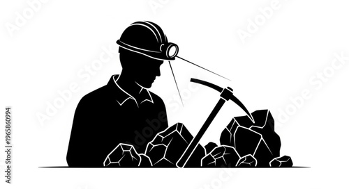 Silhouette of a Miner Working with Pickaxe and Helmet Light.