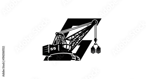 Silhouette of a heavy-duty crane with a hook and hoist.