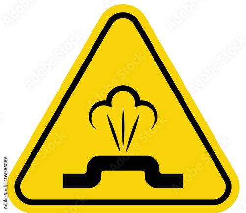 Yellow warning triangle sign with steam coming from a pipe indicating a hazard or danger isolated on white background
