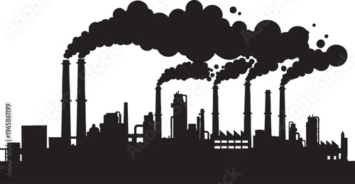 Industrial factory complex with smokestacks emitting smoke pollution