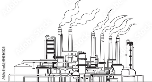 Industrial factory silhouette with smokestacks and pipes