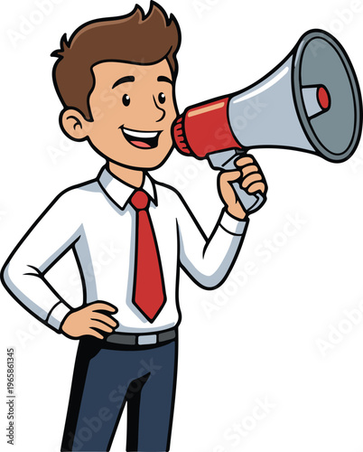 Confident Professional Man Broadcasting Announcement with Megaphone, Upbeat Corporate Communication Cartoon vector illustration
