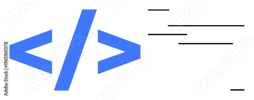 Programming, coding, web development, software engineering, digital technology, online education. Blue angle brackets with minimal black lines. Programming and coding focus for digital platforms