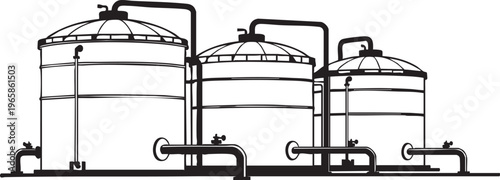 Industrial silhouettes of three cylindrical tanks with domed tops and pipes