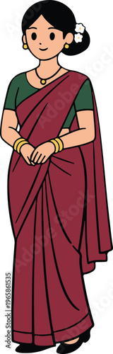 Traditional Indian Woman in Maroon Saree with Green Blouse, Graceful Cultural Heritage vector illustration
