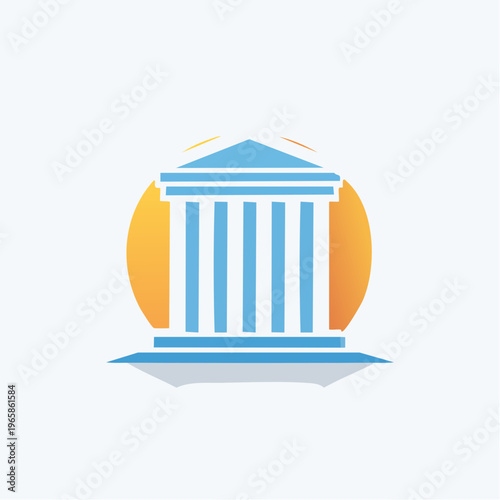 Symbol of Law and Justice with Classical Architecture and Sunburst Background