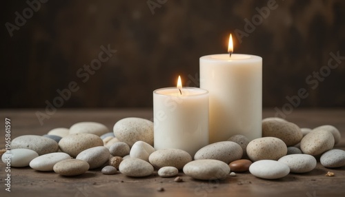 Enhancing a Serene Arrangement of Candles and Pebbles for Relaxation and Tranquility